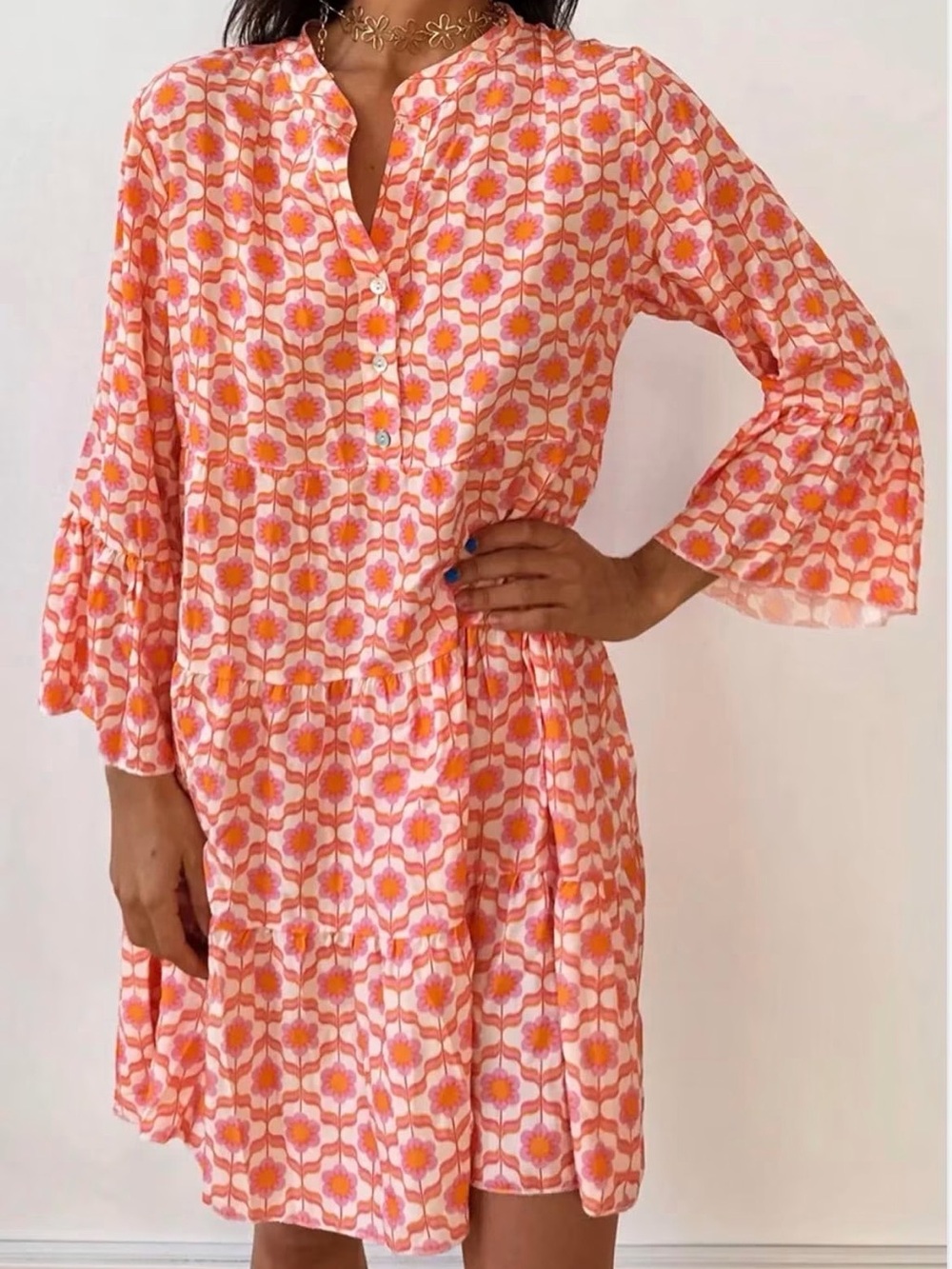 Button-Front Floral Mini Dress in Pink & Orange